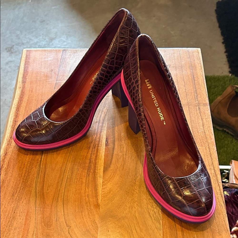 United Nude Croc-Embossed Plum and Pink Heels